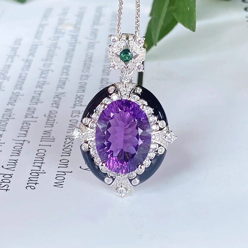 星赞轻奢珠宝S925银镶嵌天然紫水晶珐琅工艺暗黑花蕊吊坠戒指套装