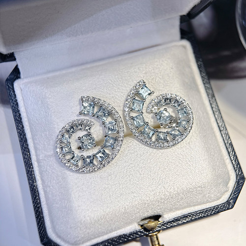 星赞925纯银镀金天然海蓝宝耳钉耳饰螺旋精致轻奢高级感复古欧美