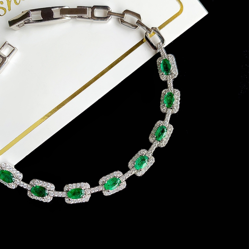 星赞轻奢珠宝约2克拉S925银天然祖母绿手链半圈可调节链条款INS风