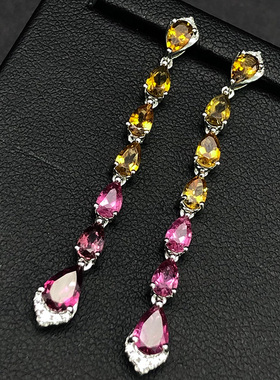 星赞轻奢珠宝S925银主石约3.2ct天然彩色碧玺水滴切割耳环耳链