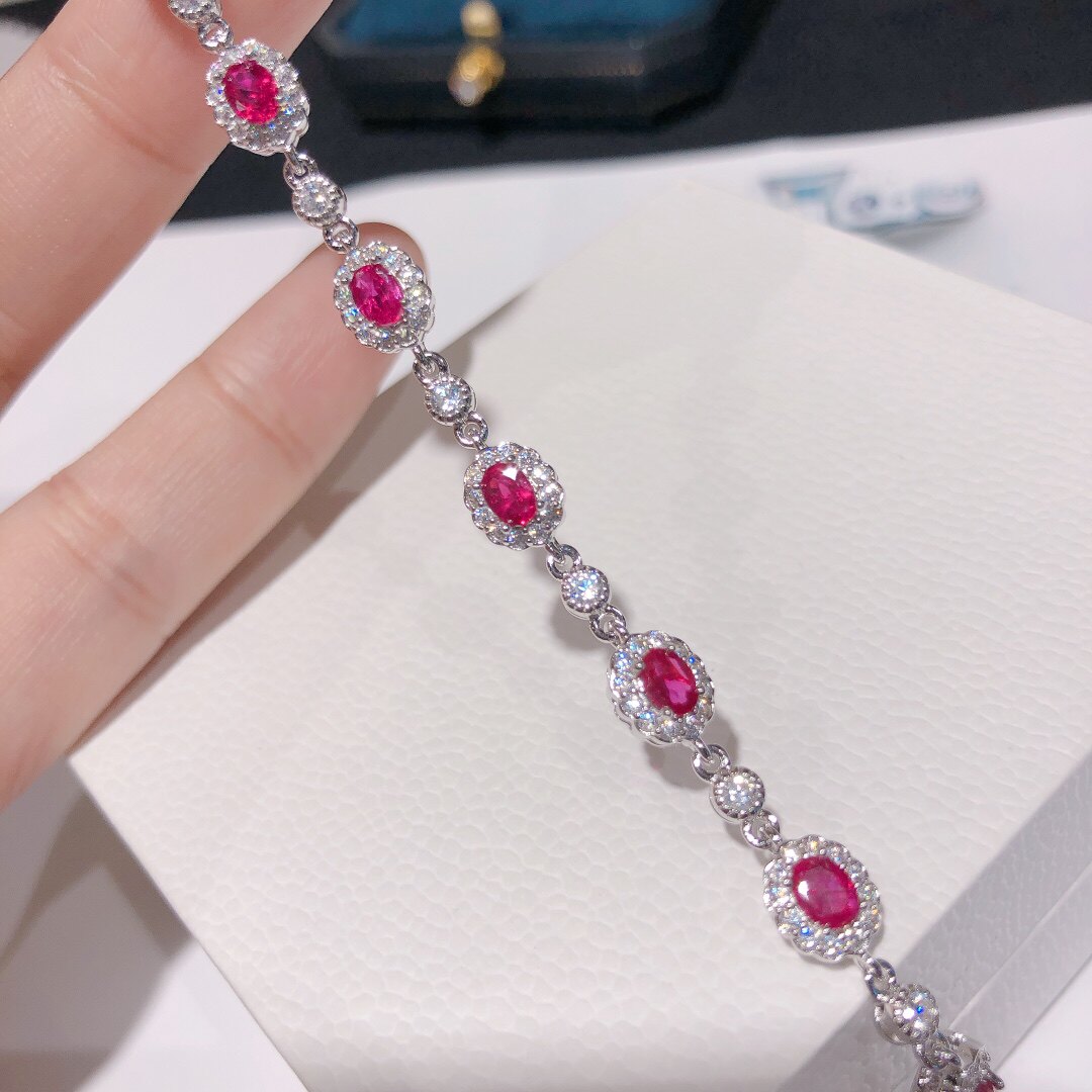 星赞S925纯银镀金约2.3克拉天然红宝石手链时尚高级感百搭送礼物