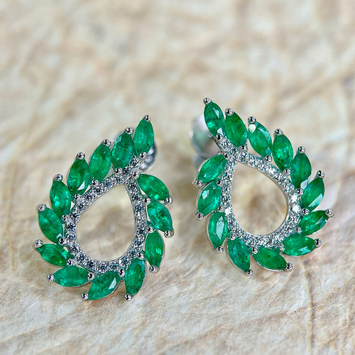 星赞S925纯银镀金主石约1.87克拉天然祖母绿麦穗耳环高贵大气款