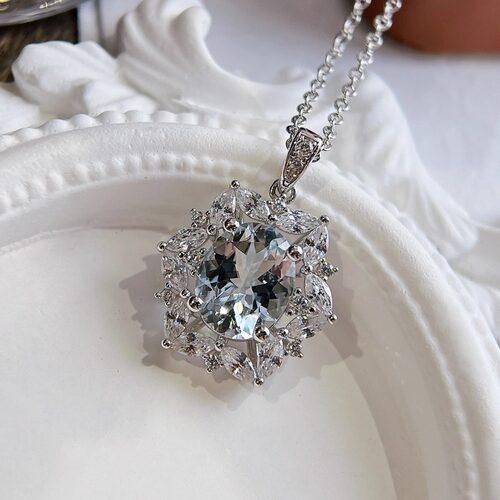 星赞S925纯银镀金约2.56克拉天然海蓝豪华镶嵌大主石吊坠轻奢简约