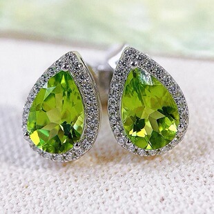 星赞轻奢珠宝S925银镶约2.94克拉天然水滴橄榄石简约百搭耳钉耳环
