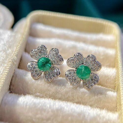 星赞S925纯银镀金约0.72克拉天然祖母绿四叶草耳钉日常简约百搭