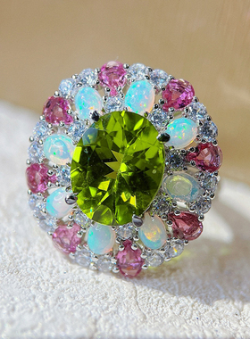 星赞轻奢珠宝S925银约4.93克拉天然橄榄石&澳宝&粉碧玺富贵花戒指