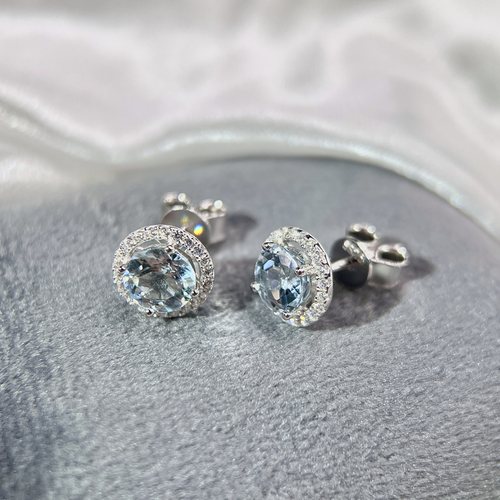 星赞轻奢珠宝925银约1.5克拉天然圆形切割海蓝宝石精致简约耳钉