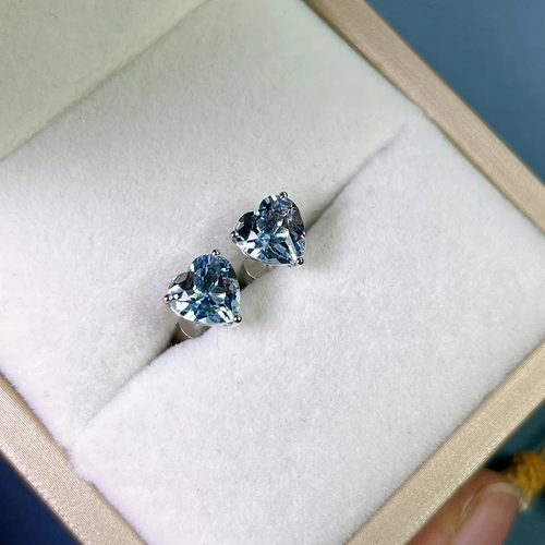 星赞轻奢珠宝925银约2.1克拉天然海蓝宝石爱心形切割精致简约耳钉