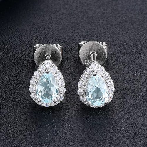 星赞轻奢珠宝S925银镶嵌约0.66克拉天然海蓝宝水滴形切割精致耳钉