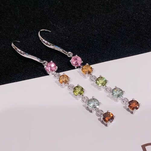 星赞S925纯银镀金约2.56克拉天然彩色碧玺正圆切割耳坠耳饰简约