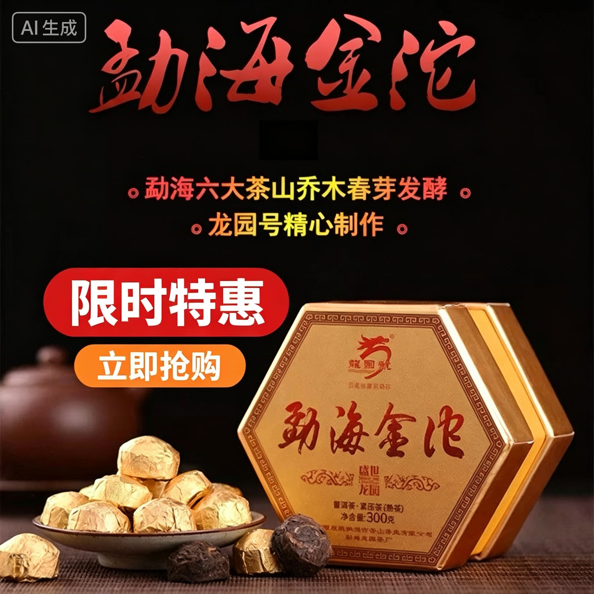 云南普洱茶龙园号普洱熟茶2018年勐海金沱糯香小沱300克熟正品