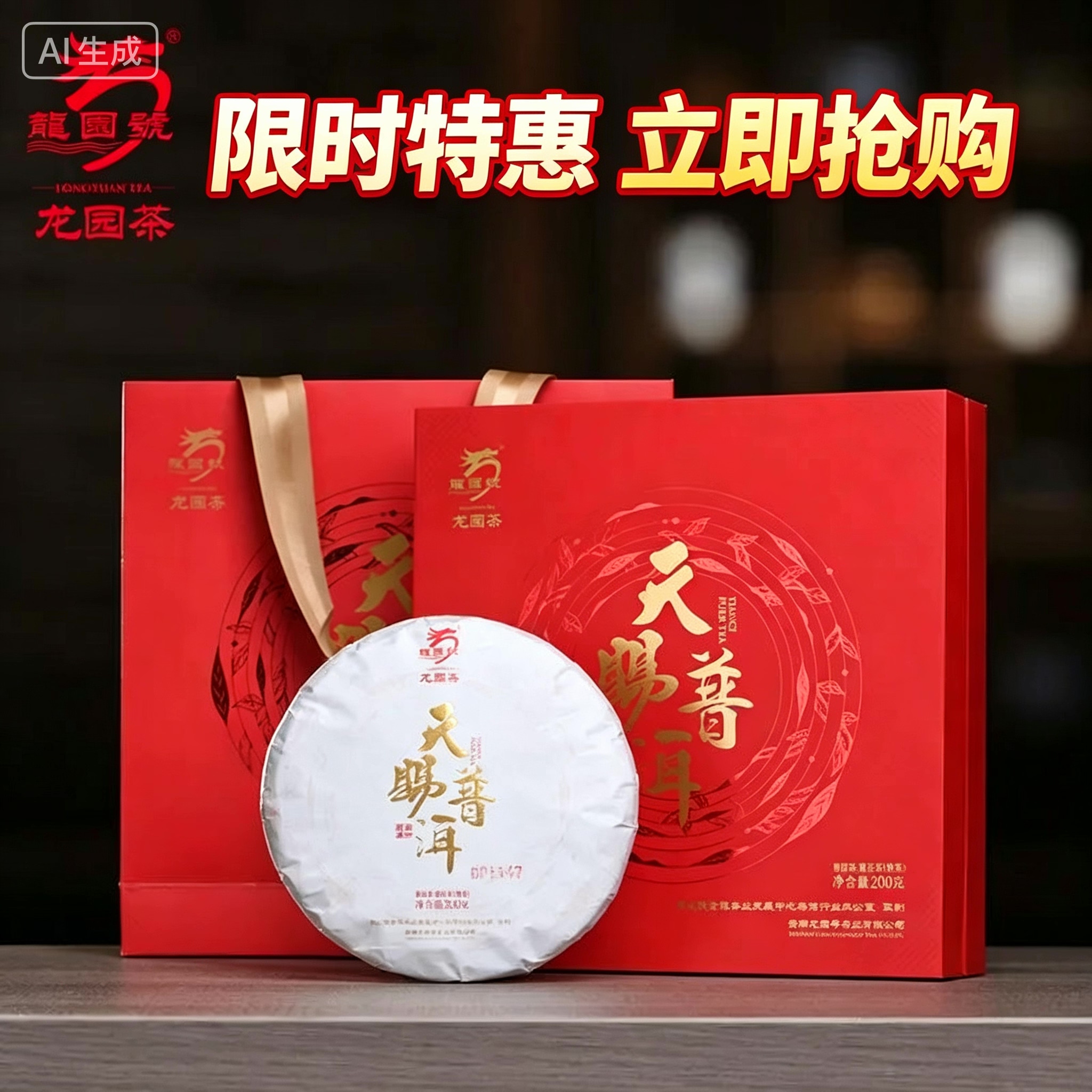 云南普洱茶龙园号天赐普洱茶陈年勐海200g礼盒熟茶礼品茶