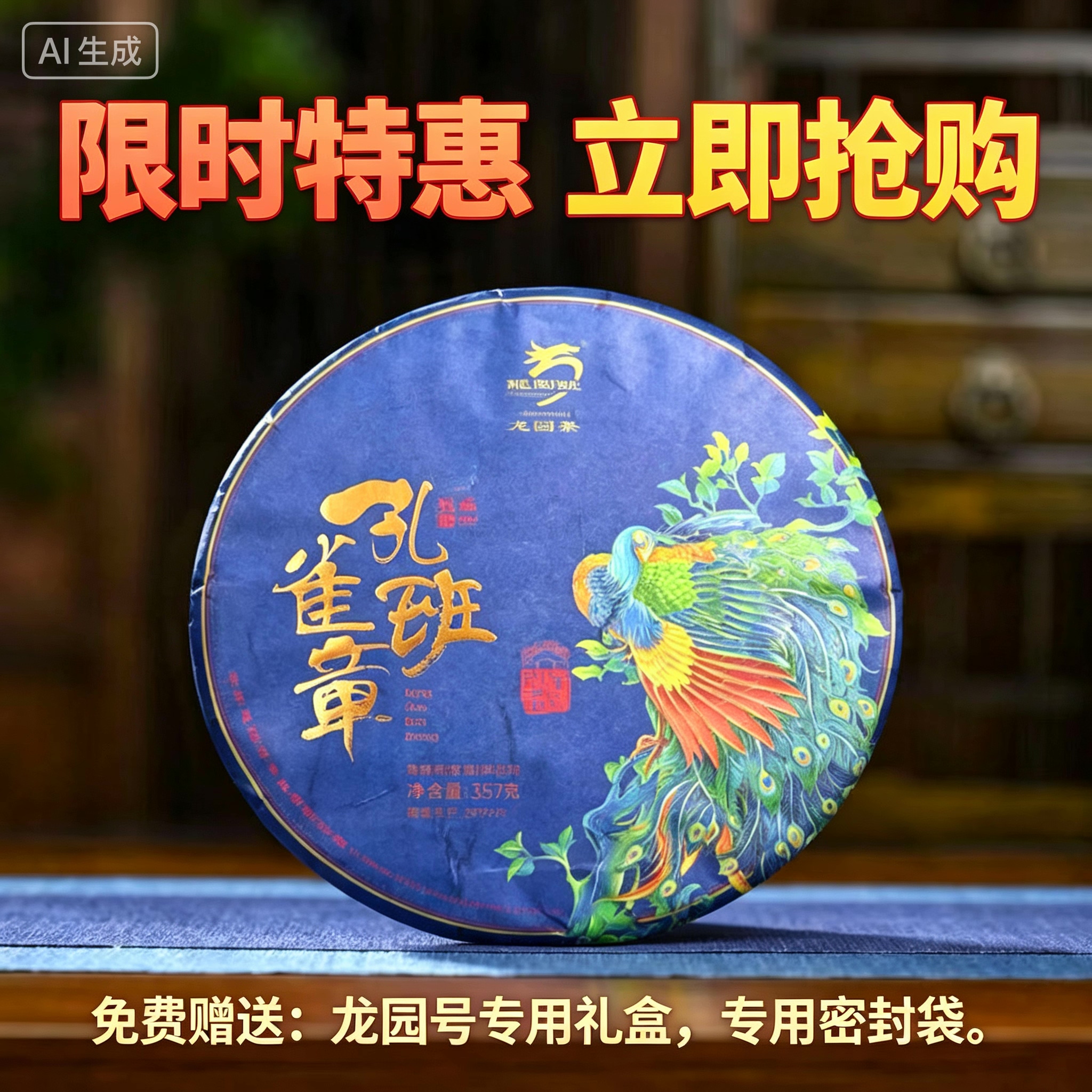 云南普洱茶龙园号孔雀班章普洱茶 生茶 紧压茶357克正品高端