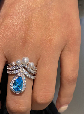 公主系列海蓝宝淡水珍珠戒指