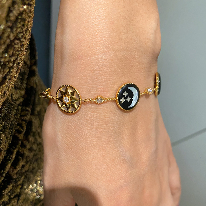 吾爱珠宝招财星月925纯银镀18k真金贝母玛瑙星辰太阳月牙双面手链