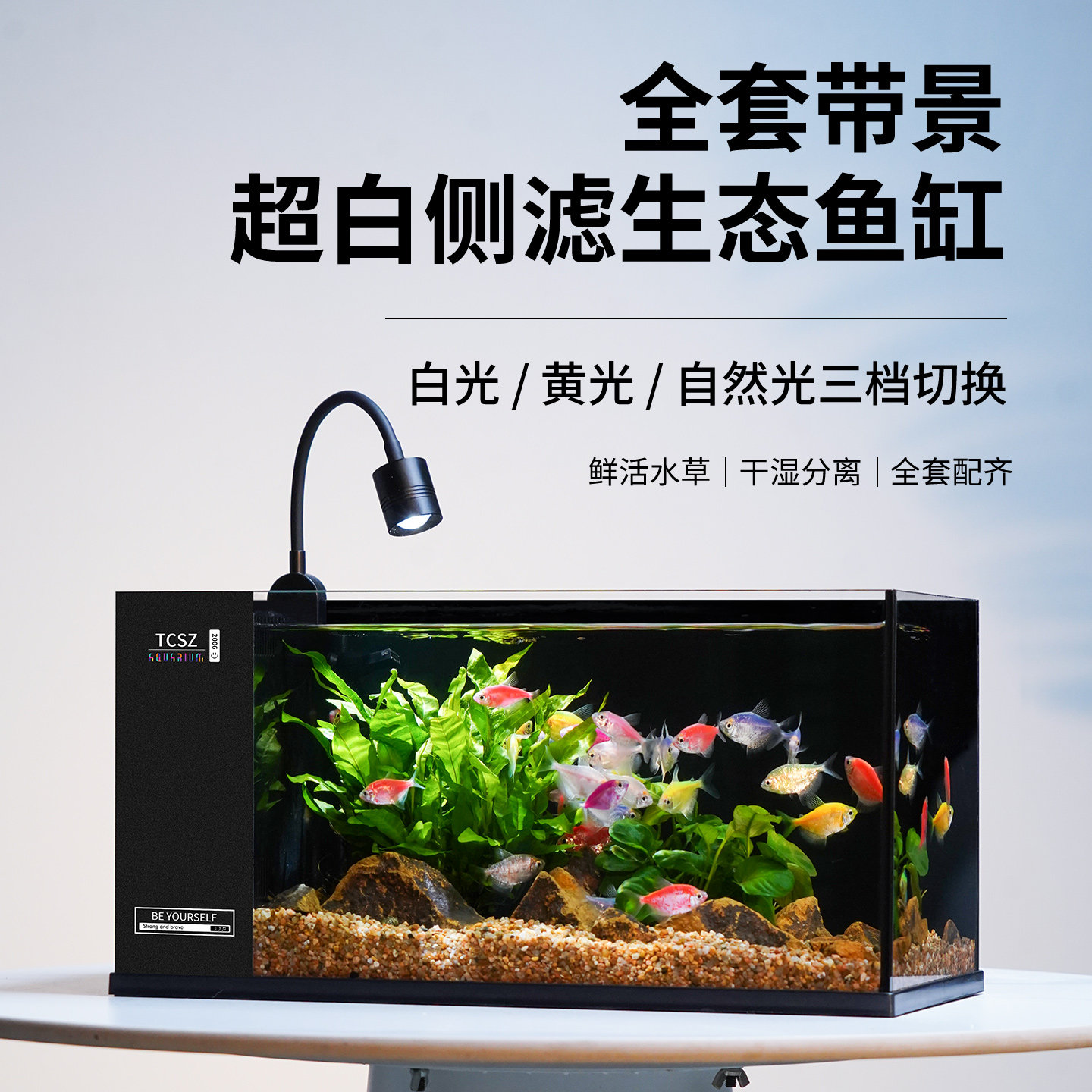 侧滤鱼缸全套造景水景缸溪流缸生态缸中小型桌面超白鱼缸客厅家用