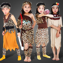 野人服装儿童男女原始人土著演出服头饰羽毛道具印第安豹纹衣服