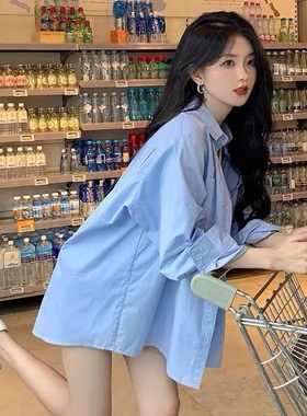 2025秋季款防晒蓝色长袖衬衫女韩版宽松bf慵懒风薄款上衣外套衬衣