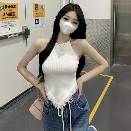 2026新款小众挂脖流苏上衣黑色不规则冰丝针织小吊带背心内搭女