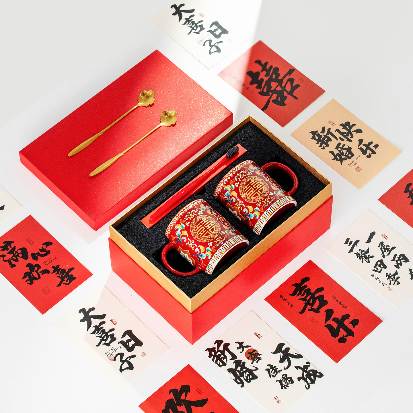 结婚礼物珐琅彩洗漱杯套装新婚陪嫁用品红色刷牙杯一对陶瓷漱口杯