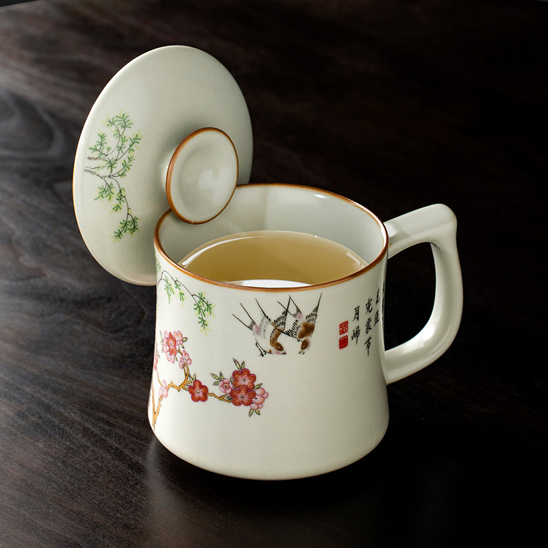 汝窑言宋春燕泡茶杯马克杯陶瓷办公室个人专用大容量带盖定制水杯