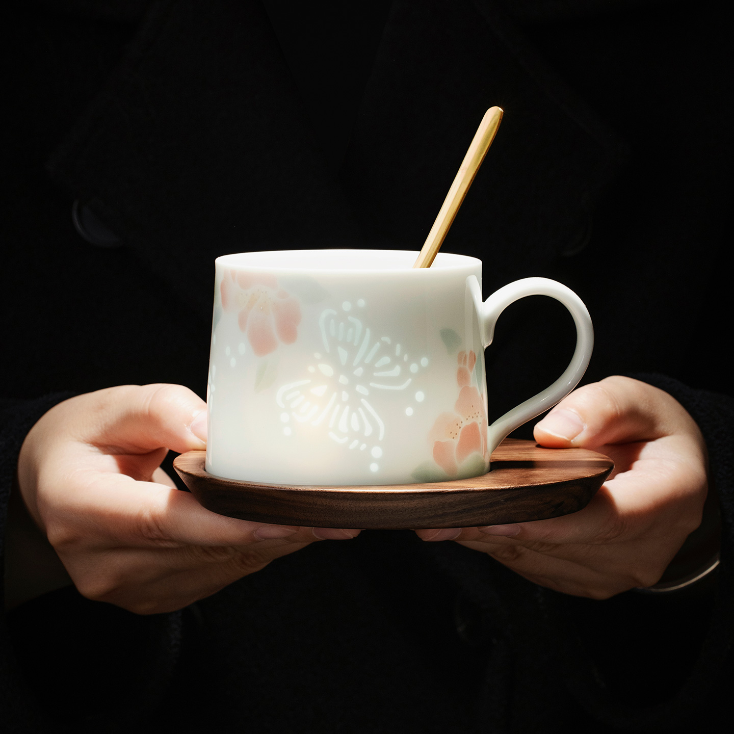 蝶恋花玲珑瓷咖啡杯碟套装杯子