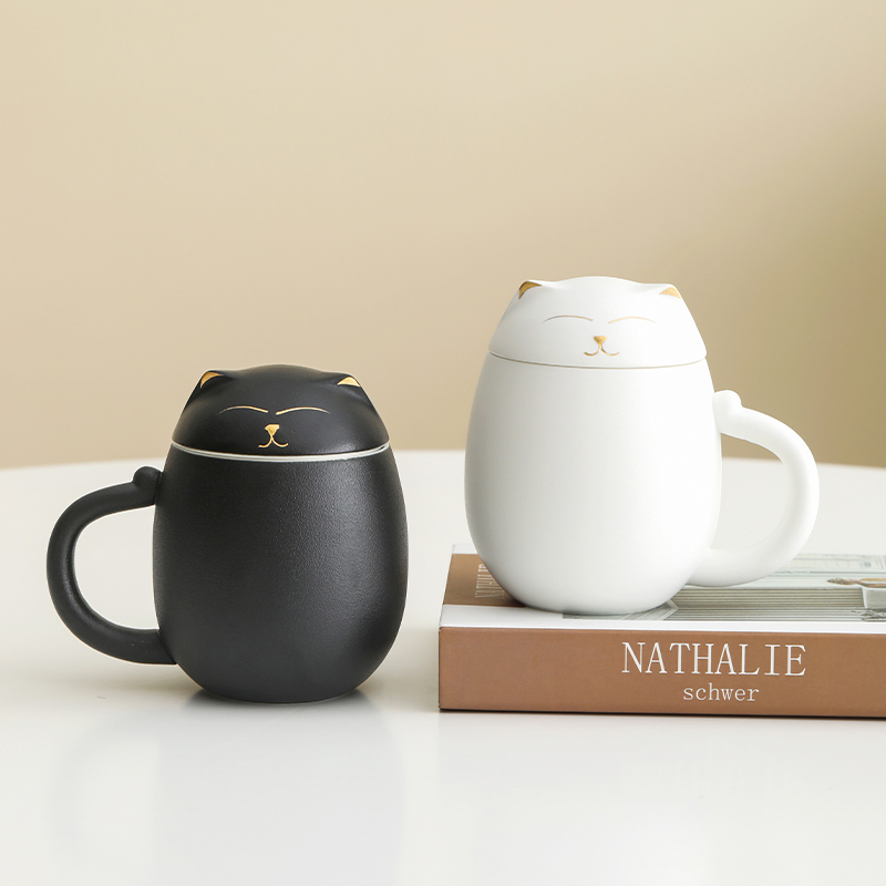 招财猫茶杯陶瓷茶水分离泡茶杯