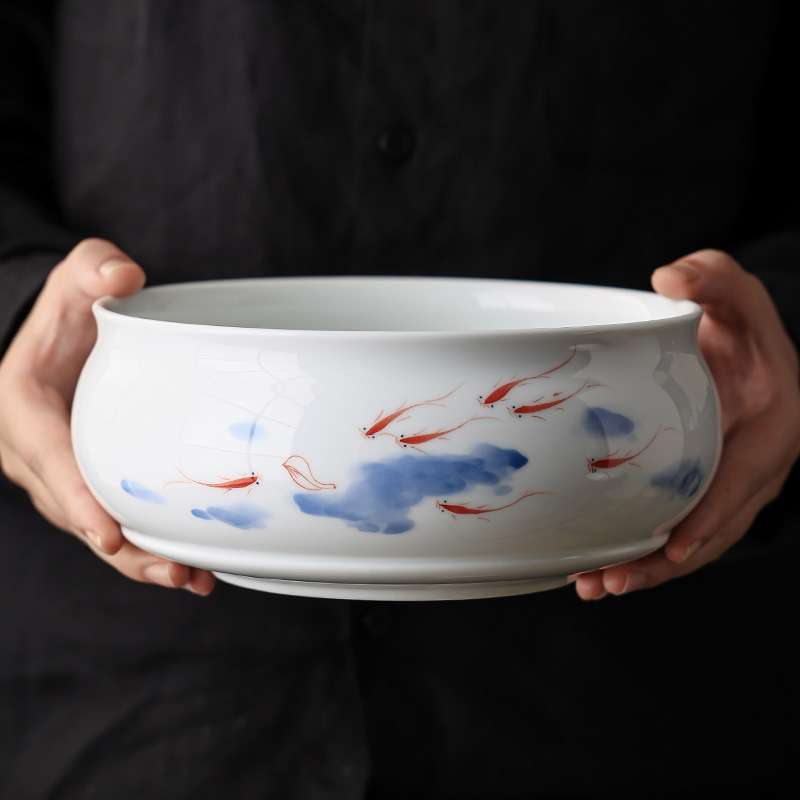 纯手绘墨画鱼戏茶洗缸
