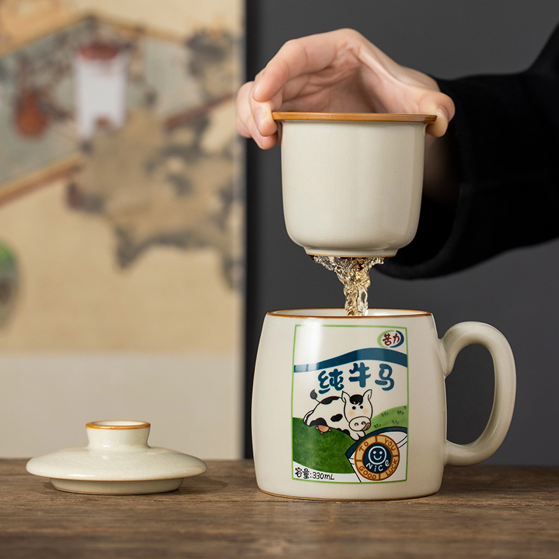 汝窑牛马陶瓷水杯定制过滤泡茶杯