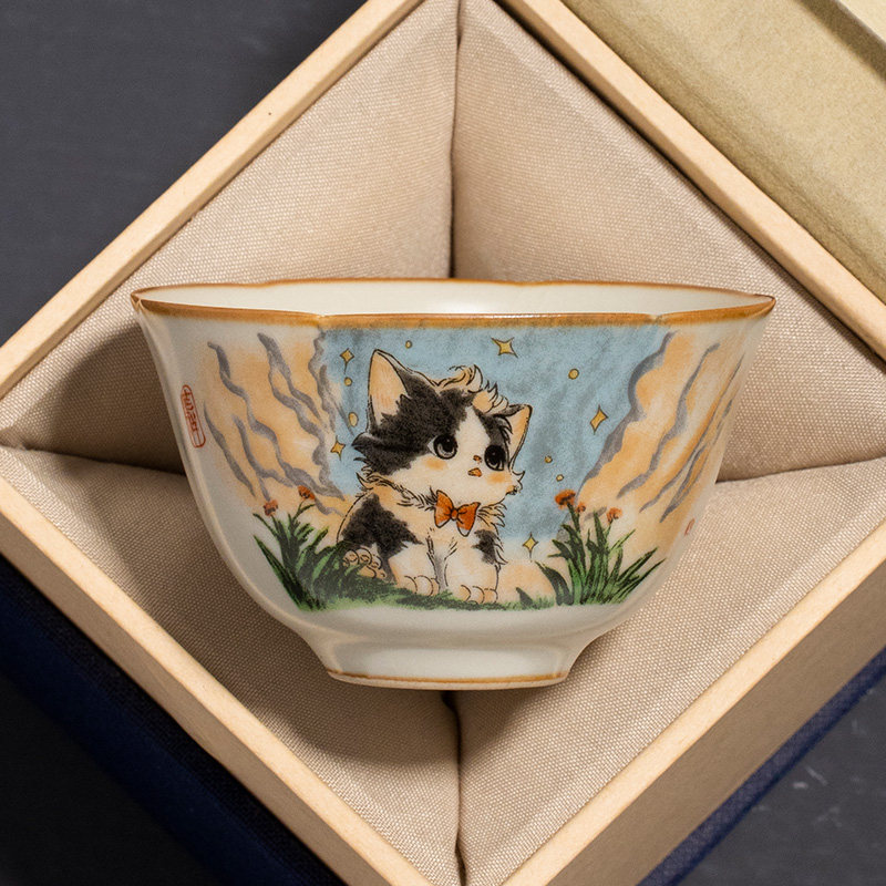 汝窑可爱猫葵口主人杯定制茶盏图片