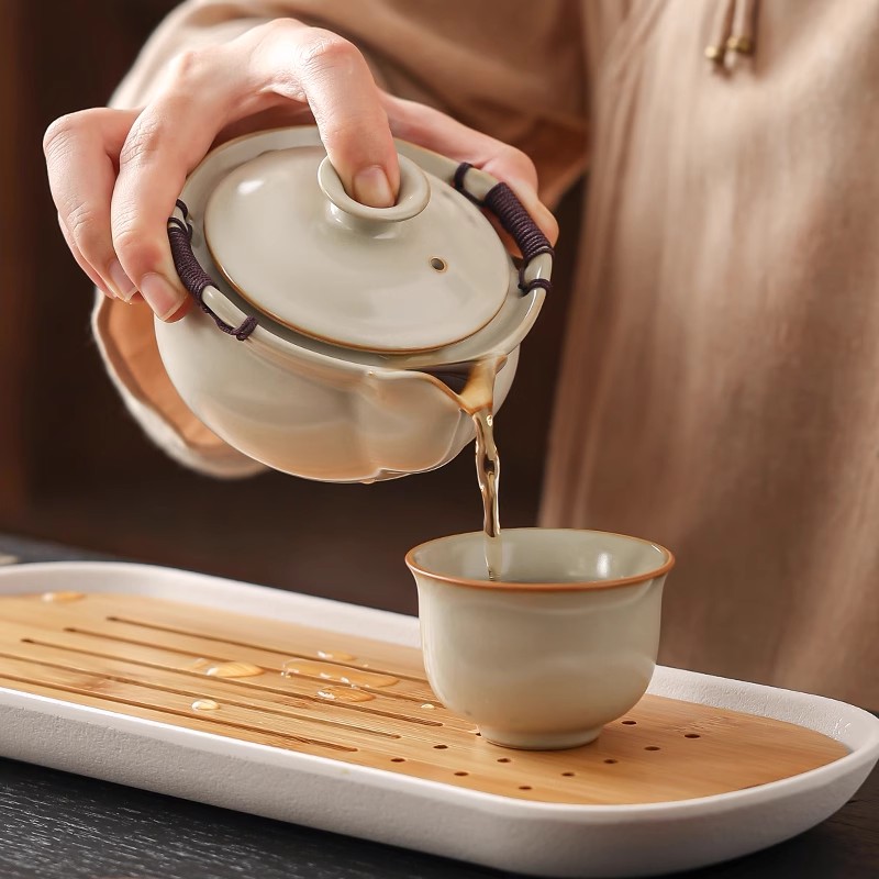 汝窑盖碗茶杯防烫手抓壶泡茶专用功夫茶具套组高档中式单个茶碗