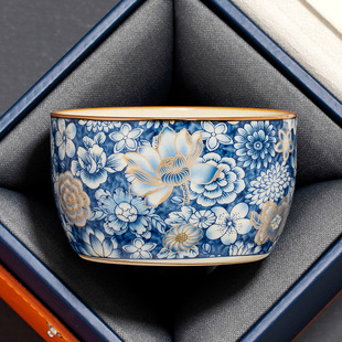高档主人杯单杯品茗茶盏功夫茶具 汝窑新金万花直边杯陶瓷茶杯中式