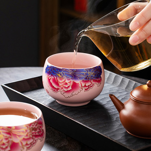 粉汝窑遇热变色牡丹主人杯茶杯女士个人专用中式高档精致喝茶杯子