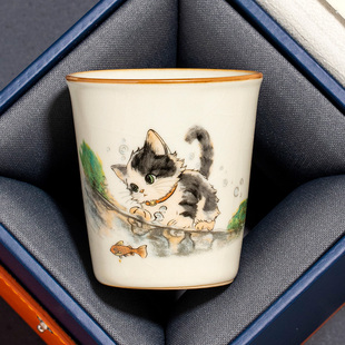 汝窑萌猫茶杯主人杯陶瓷个人专用高档可乐杯开片可养定制品茗杯