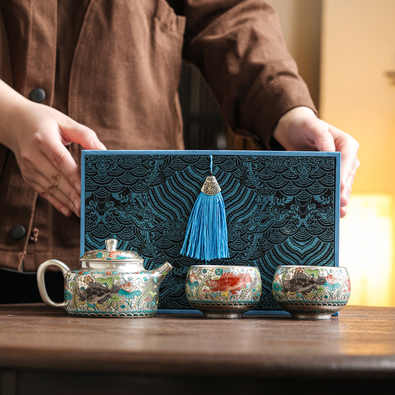 荷风鱼韵鎏银高级茶壶一壶二杯功夫茶具套装公司商务伴手礼品礼物