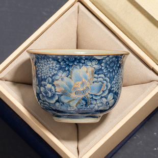 高档精致主人杯品茗茶盏功夫茶具 汝窑新金万花圆鼎杯陶瓷茶杯中式