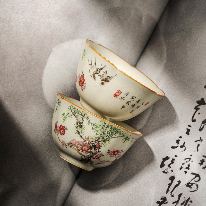 米黄汝窑春燕葵口杯茶杯礼盒装