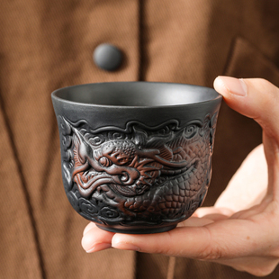 紫陶祥龙茶杯主人杯高端浮雕防烫纯手工单杯泡茶杯功夫茶具品茗杯