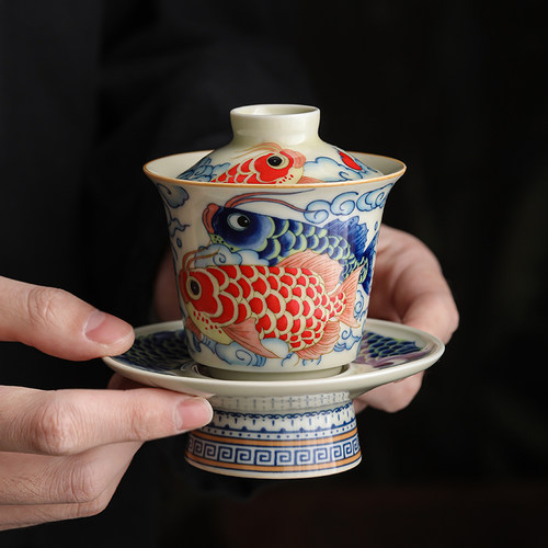 龙鱼马蹄三才盖碗茶杯泡茶碗单个