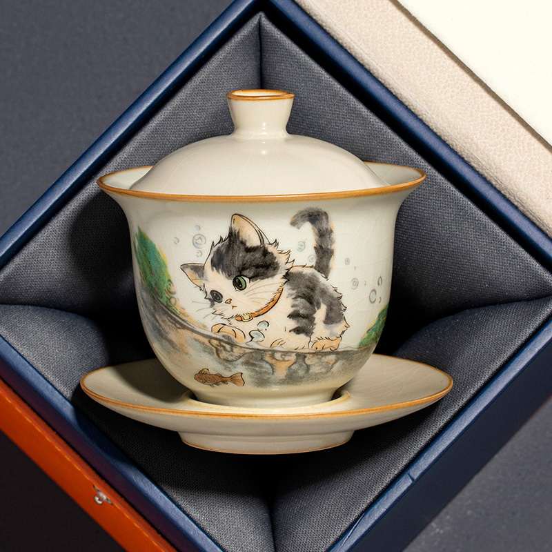 汝窑萌猫清风盖碗茶杯定制泡茶碗