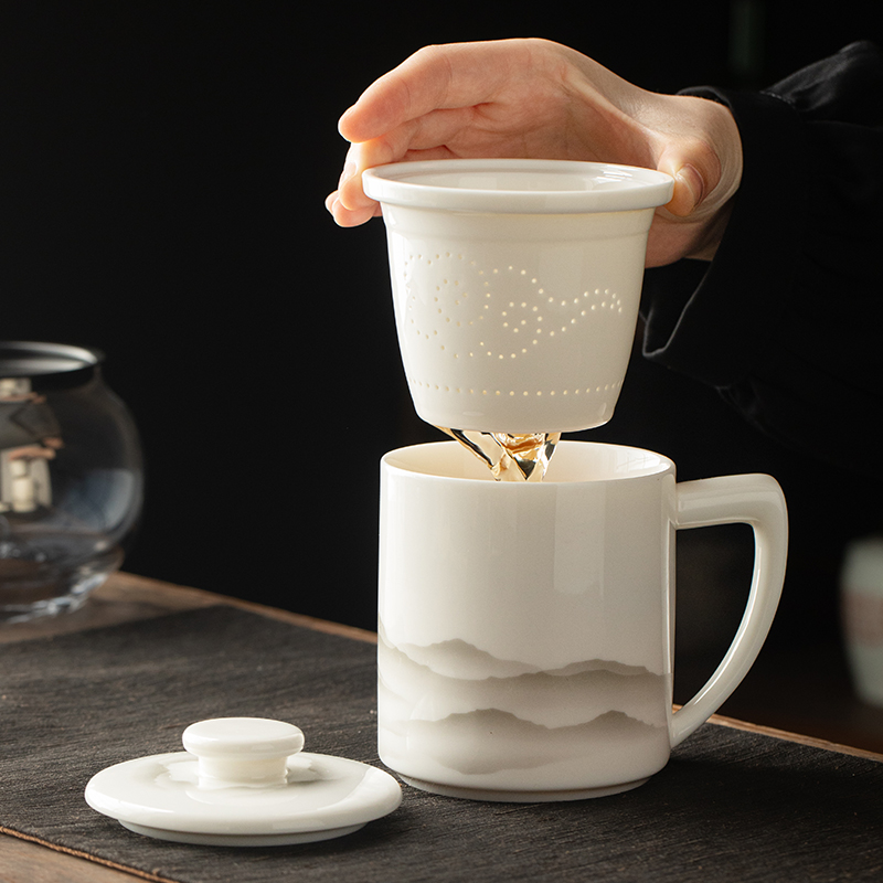 羊脂玉茶杯陶瓷茶水分离杯办公室带盖过滤泡茶马克杯定制白瓷杯子