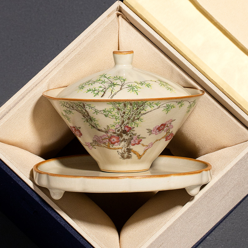 米黄汝窑三才盖碗家用带盖