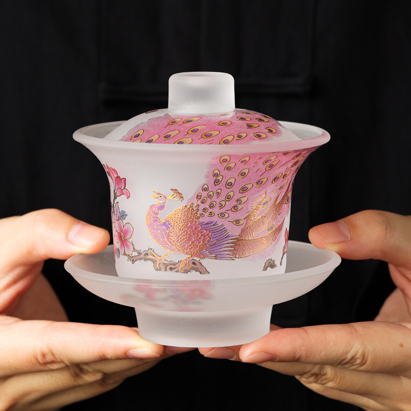 白玉琉璃孔雀三才盖碗茶杯防烫图片