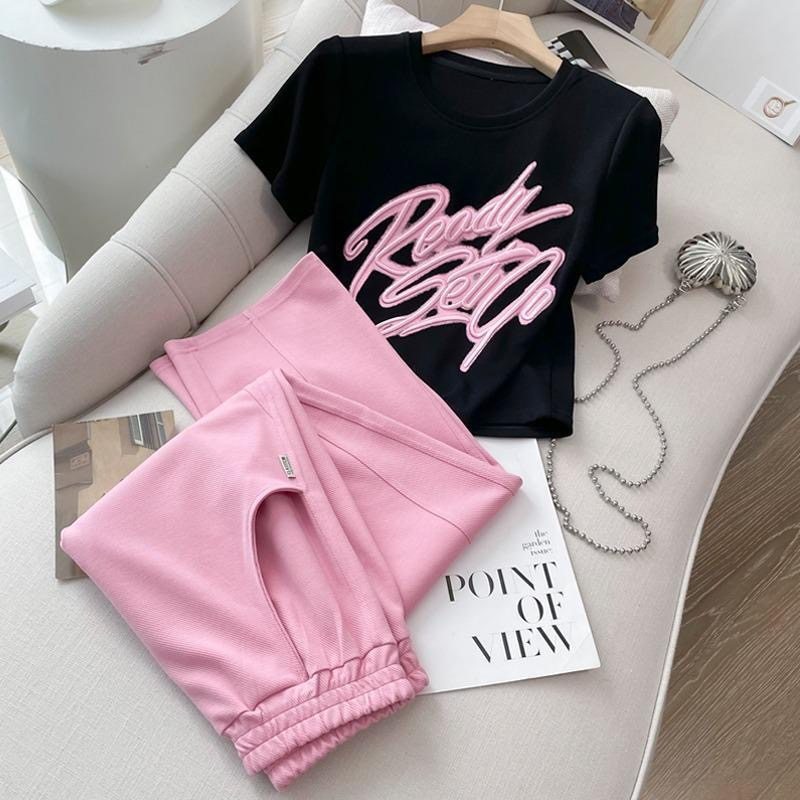 女童夏季套装网红休闲直简裤中大童短袖上衣儿童t恤阔腿裤两件套