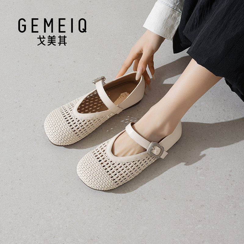 戈美其镂空玛丽珍鞋女平底软底透气一脚蹬单鞋一字扣带编织洞洞鞋