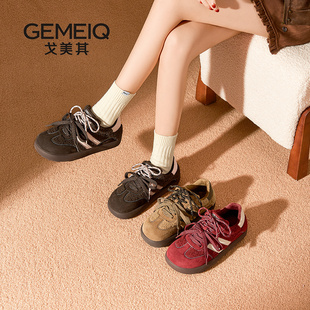 戈美其2025冬季新款双鞋带加绒休闲板鞋子商场同款复古德训鞋女款
