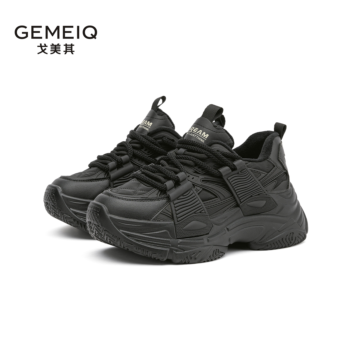 戈美其圆头方跟真皮休闲鞋