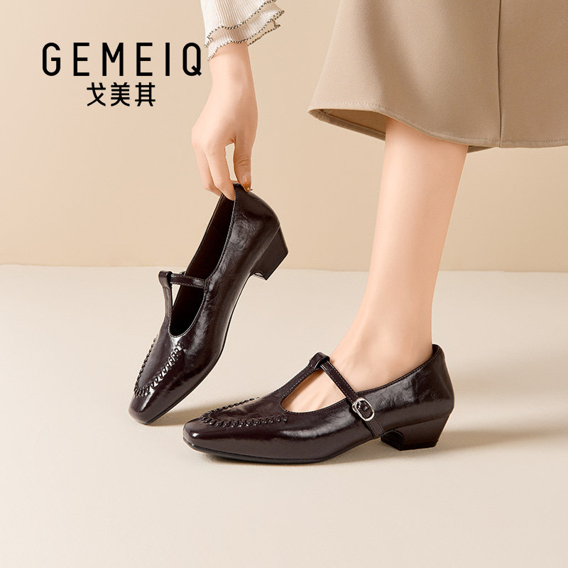 戈美其玛丽珍鞋一字扣单鞋复古风方头带百搭舒适春季粗跟浅口女鞋