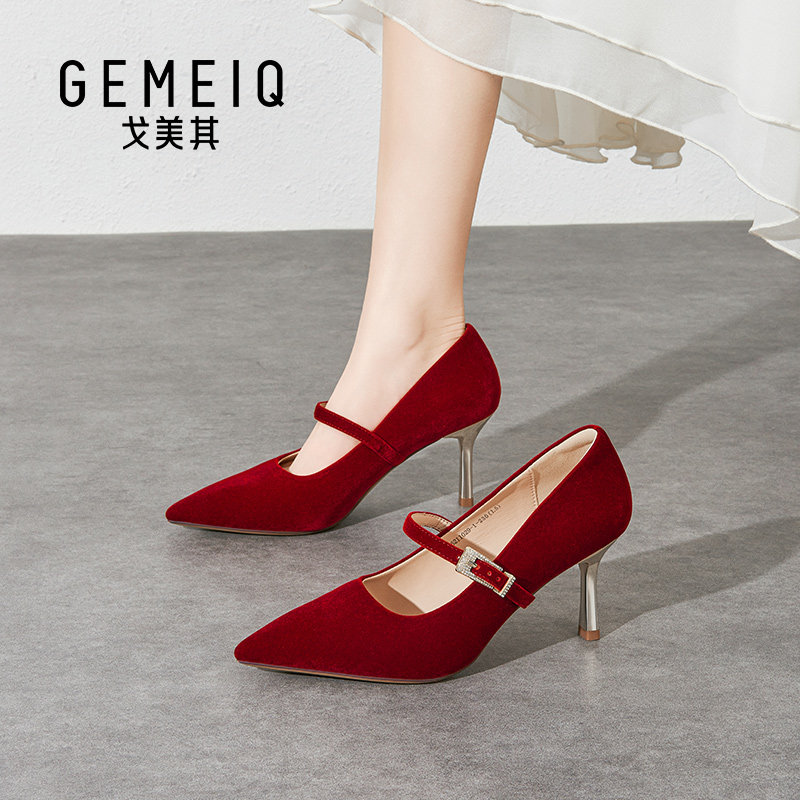 戈美其法式红色气质高跟鞋婚鞋尖头女鞋玛丽珍鞋女一字带浅口单鞋,女鞋,浅口单鞋,淘宝优惠券,粉丝福利购,淘宝优惠卷