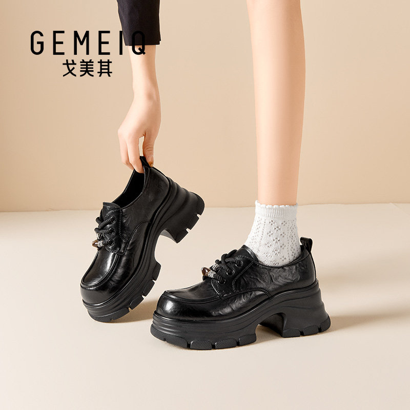 戈美其厚底乐福鞋黑色系带小皮鞋